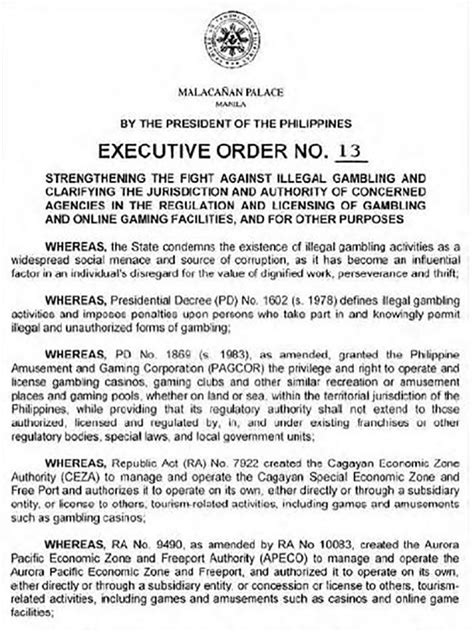 pyansa sa illegal gambling|Executive Order No. 13 .